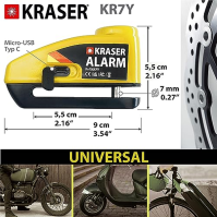 KRASER KR7Y zámek brzdového kotouče motocyklu s alarmem 110 dB, dobíjecí, USB kabel typu C pro nabíjení baterie, kabel pro připo